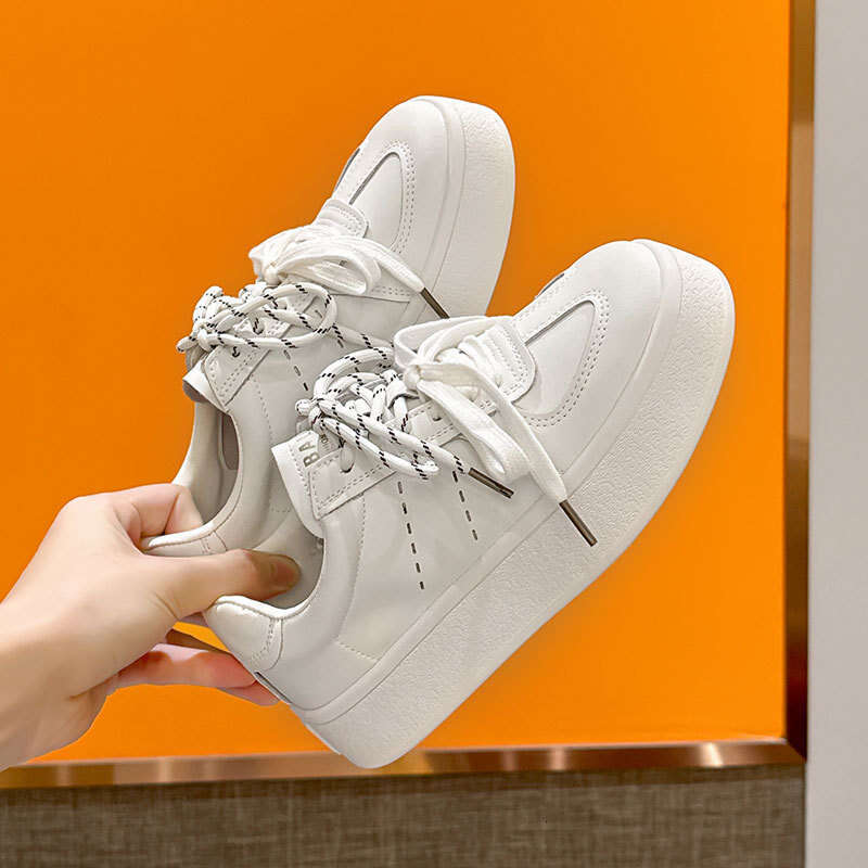 2025 Summer Autumn Genuine Leather Thick Sole Height Increasing Breathable White Versatile Double Lace Student Board Niche German Training Shoes for W