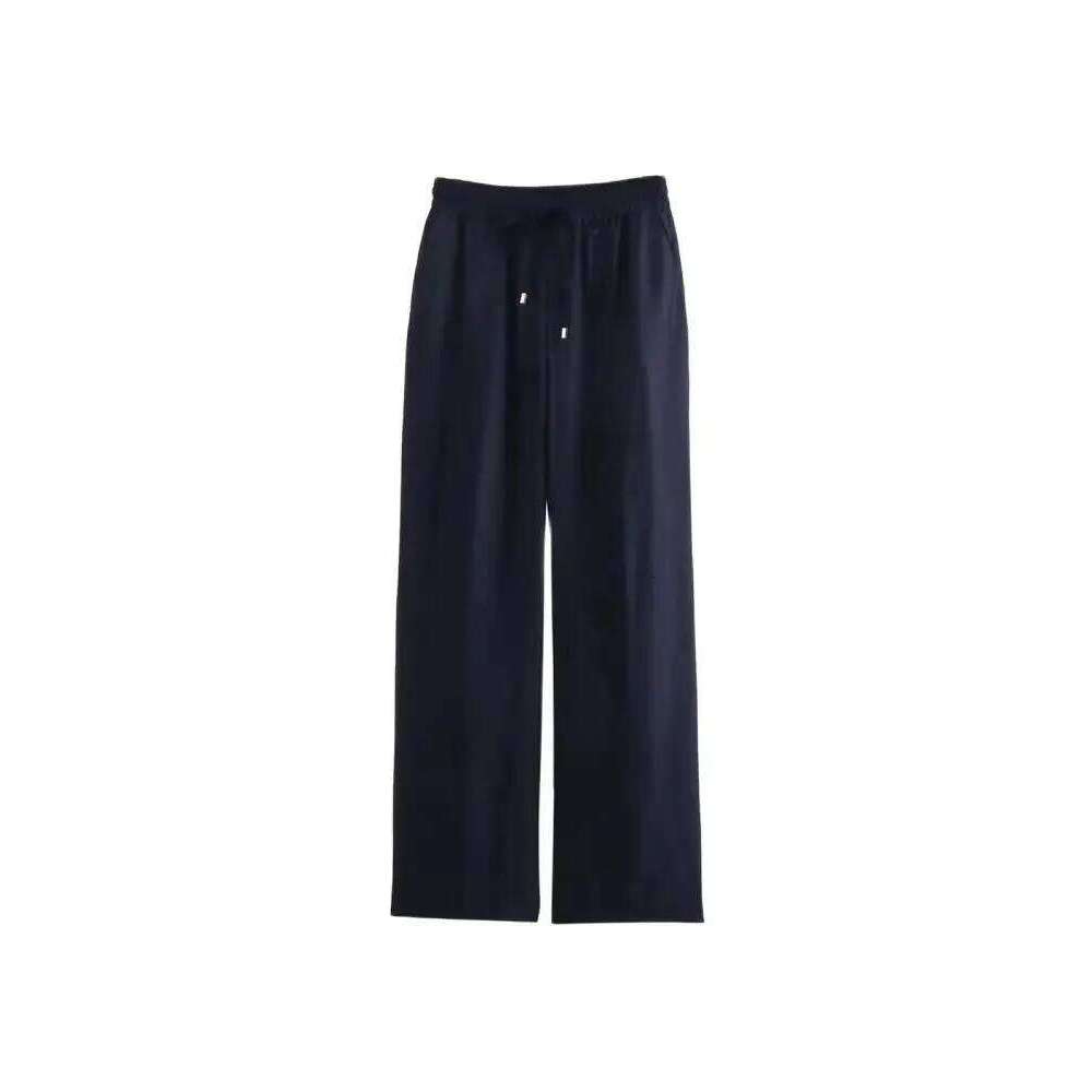 TRZA-Women's Straight Pants with Front Pockets, High Elastic Waist, Drawstrings, Female Trousers, Chic Fashion