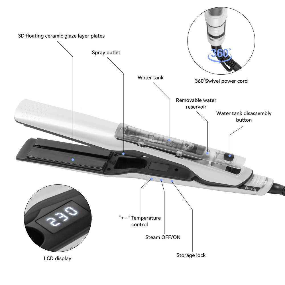 Steam Wide Plate Spray Straightener Home Hair Care Salon Dry Wet Styling Straight Curling