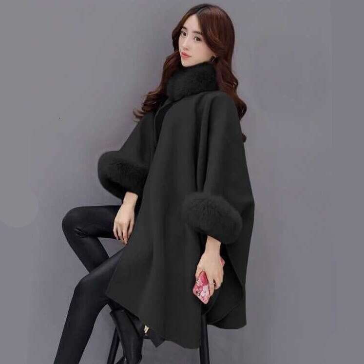 Elegant Women Cape Coat Batwing Sleeve Faux Fur Cuff Lady Pure Color Simple Cape Coat