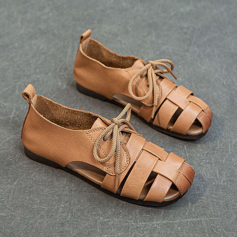 2025 Summer New Roman Sandals for Women, Lace-up Soft Sole Comfortable Flat Genuine Leather Pig Cage Shoes