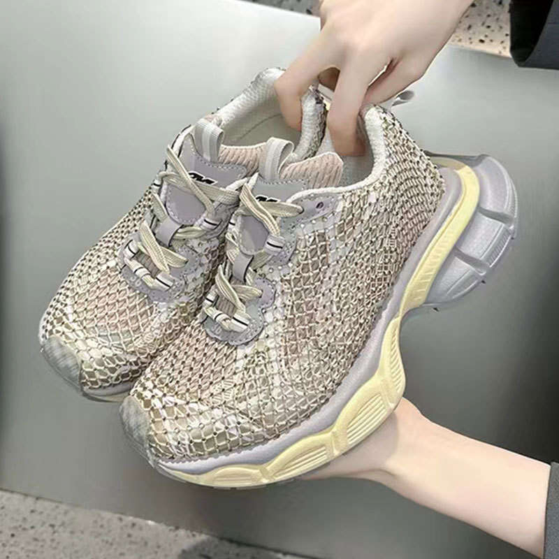 2025 Summer New Fashion Show Style Fishnet Rhinestone Couple Dad Shoes Genuine Leather Color Block Casual Sneakers for Women