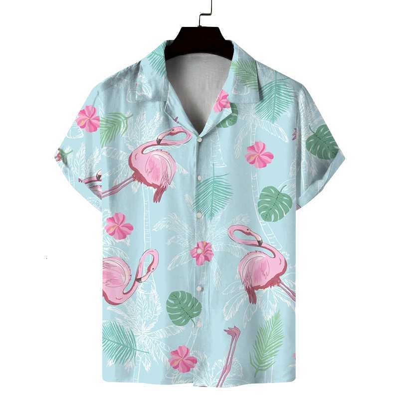 Mens summer Cuban collar short-sleeved shirt with summer style flamingo print mens shirt comfortable breathable and versatile Y250819