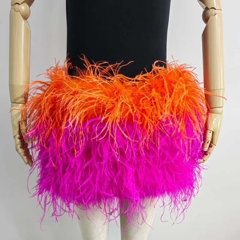 True ostrich feather Multicolor Mini Skirt Elastic Waist Sexy Clothing Club Party Dance Rave Short Note select 3 colors 250820