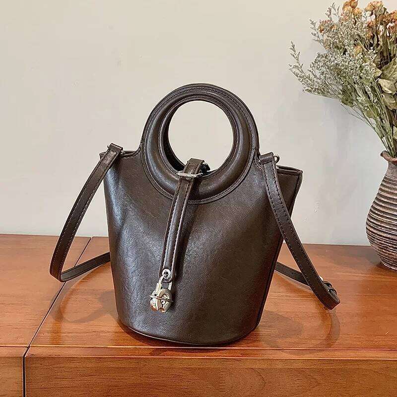 Vintage Bucket Bag Women Convertible Crossbody With Top Handle Leather Trim For Daily Commute