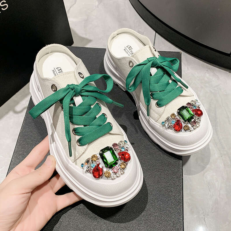 2023 New Women's Closed-Toe Half Slippers Versatile Fashion Thick-Soled White Korean Style Breathable Casual Canvas Shoes