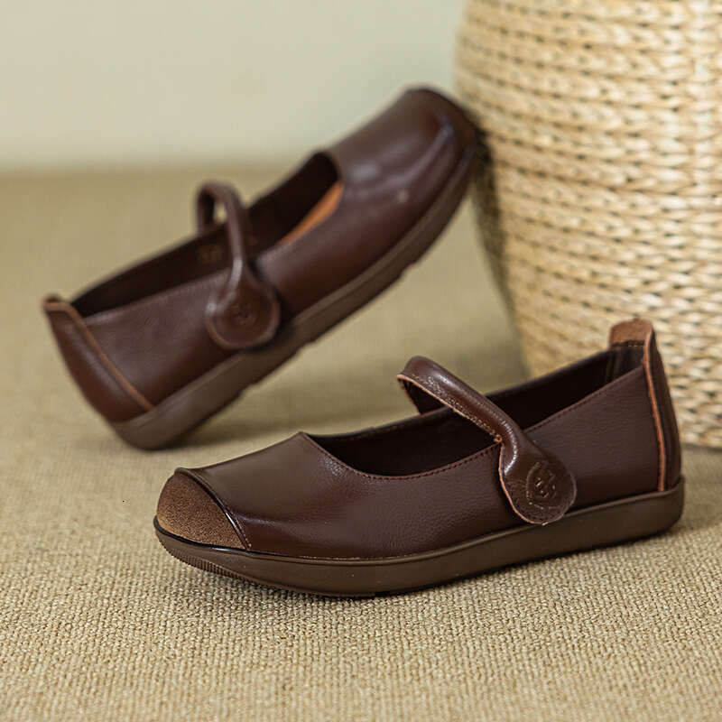 2025 Summer Autumn New Shallow Genuine Leather Mom Round Toe Flat Non-Slip Comfortable Mid-Age Women's Single Shoes
