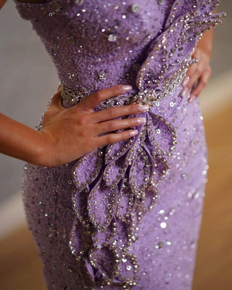 Fashion Mermaid Evening Dresses For Women One Shoulder Sleeveless Gown Appliques Sequins Split Side Floor Length Dress Party Customized Dress