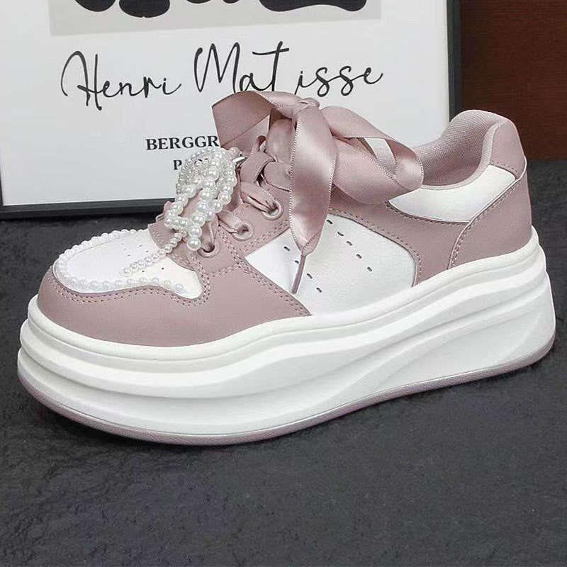 2025 Early Spring New Niche Pearl Design Versatile White Shoes Ins Thick Sole Genuine Leather Casual Sneakers for Women
