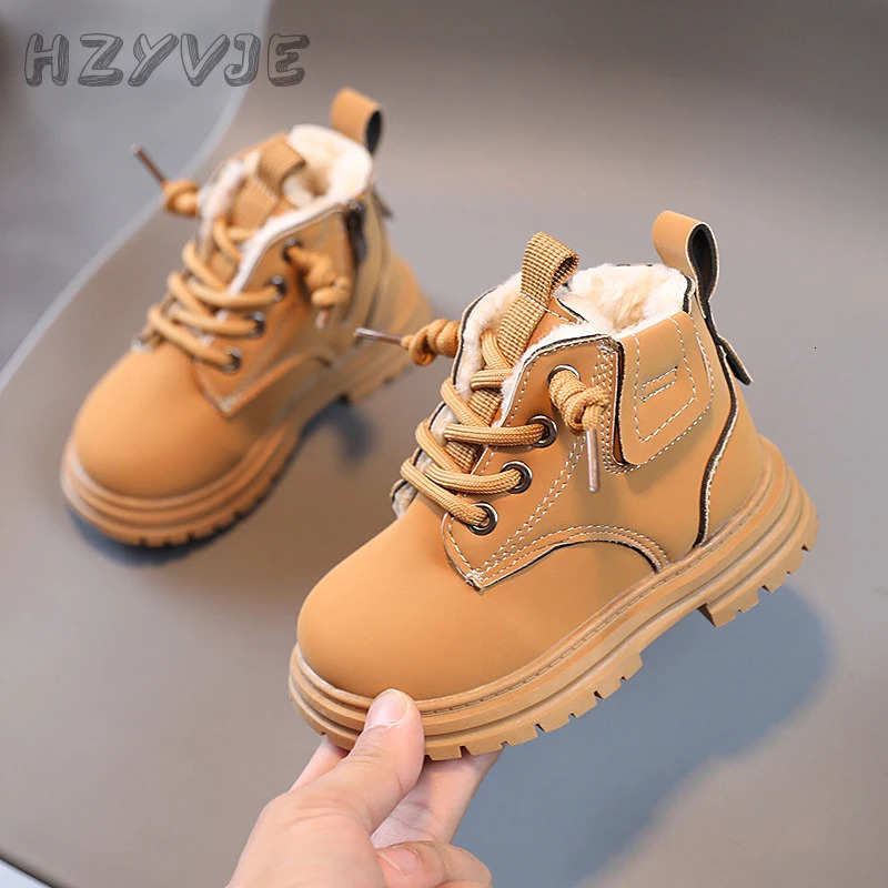 Childrens Fashion Boots Winter Thickened Boys Girls Anti Slip Warm Leather Side Zipper Solid Color Kids Casual Shoes 250906