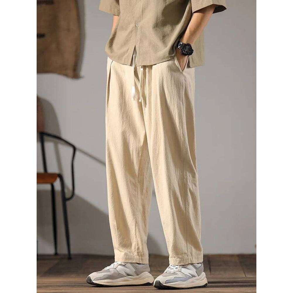 Japenese Cotton Pants Men Summer Straight Casual Ice Silk Sweatpants Male Wide leg Oversize Linen Trousers 2024 New