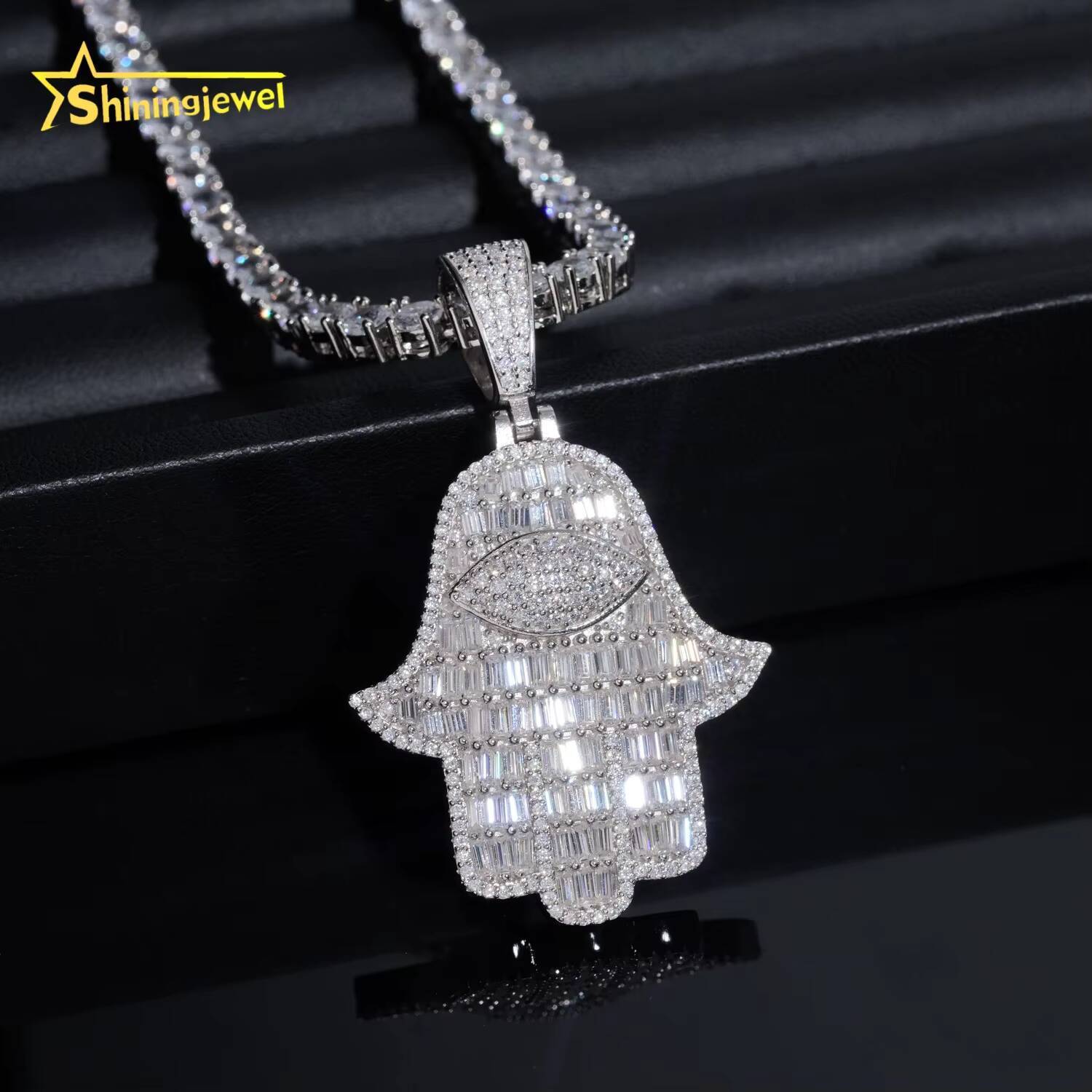 Iced Out Fine Jewelry 925 Sterling Silver VVS Baguette Moissanite Hamsa Pendant Custom Moissanite Pendant GRA Certificated