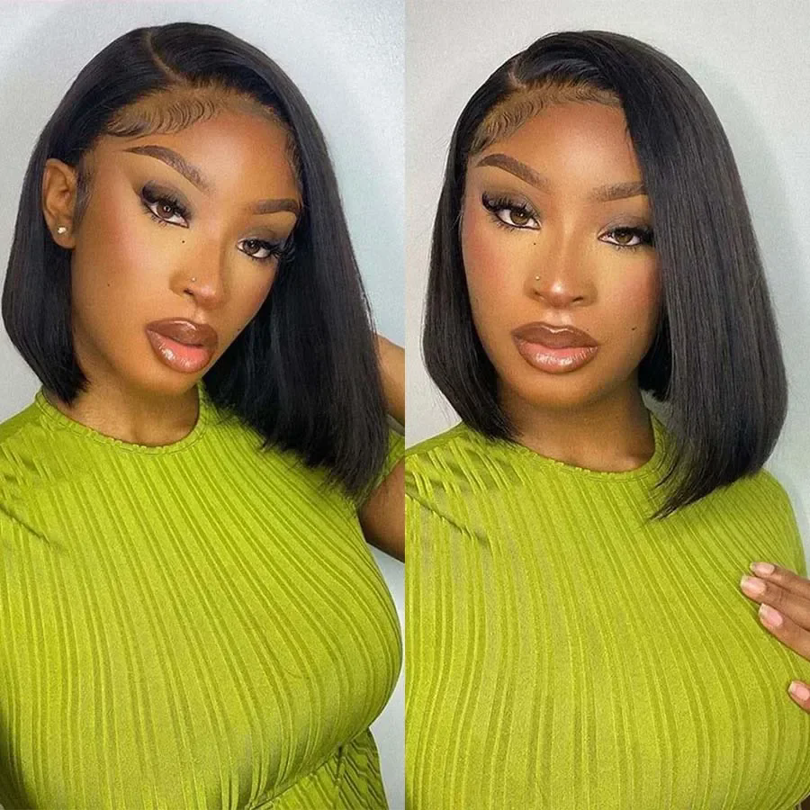 16 Inch Short Straight Bob Wig Human 13x4 Lace Transparent 200% Frontal Hair Bob Wig PrePlucked Lace Front Human Hair Wigs