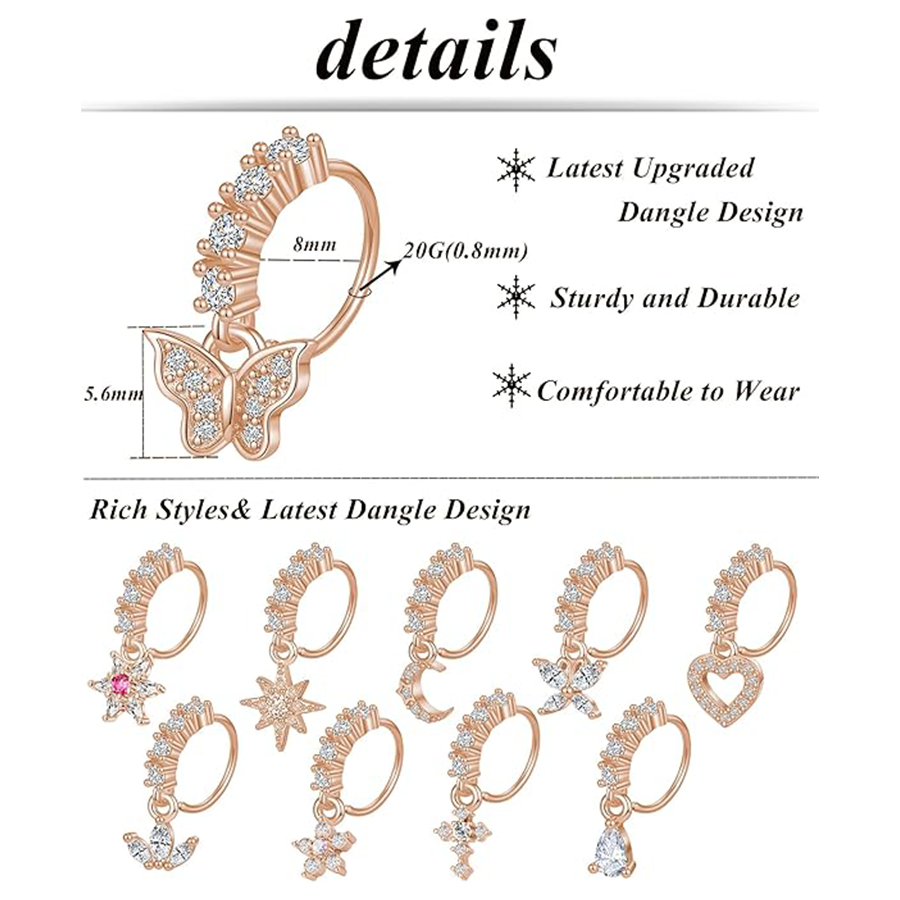 10Pcs Dangle Nose Rings Hoop Butterfly Heart Moon Flower Star CZ Cartilage Earring Dangling Nose Body Piercing Jewelry 20G Rose Gold Tone