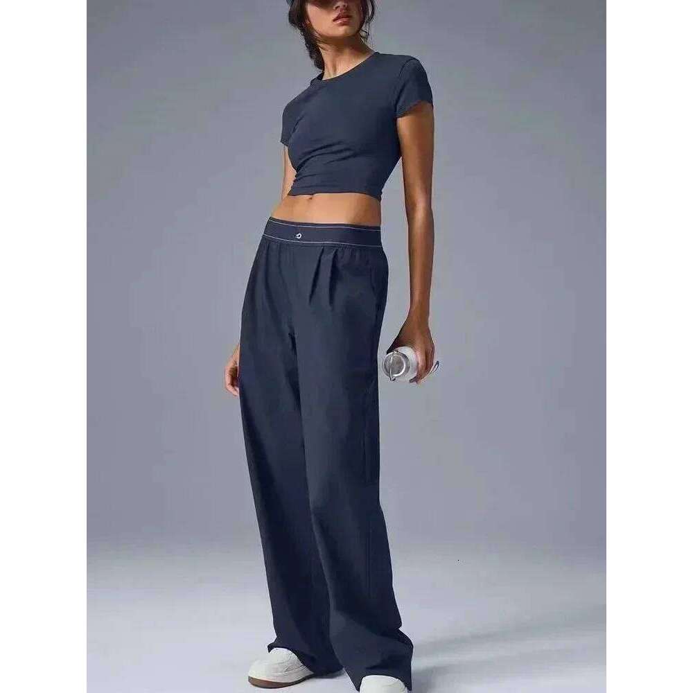 Women's Wide Leg Yoga Front Fold Loose Elastic Waist Sports Straight Pants Pocket Soft Black Casual Trousers Women Summer