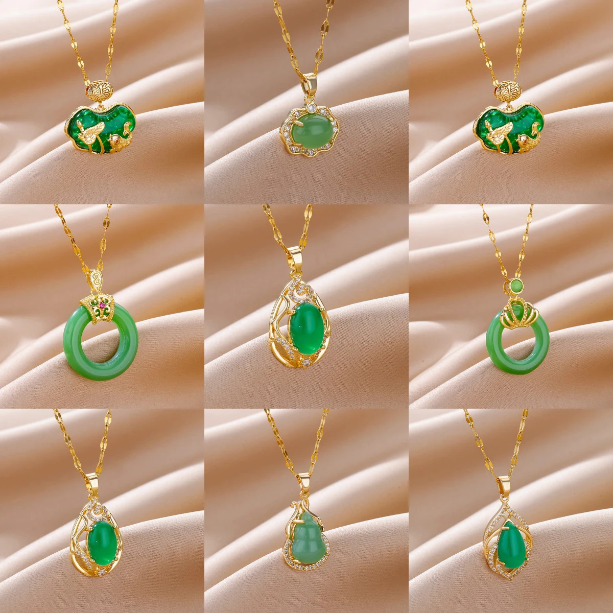 Vintage Green Jade Pendant Necklaces For Women Stainless Steel Chain Gold Color Zircon Necklace Jewelry bijoux femmes 250818
