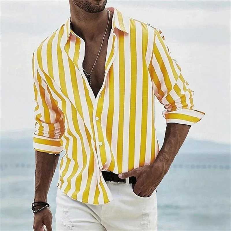 2025 new mens long-sleeved blue striped 3D printed shirt high-quality social mens wear fashionable Hawaiian shirt Y250819