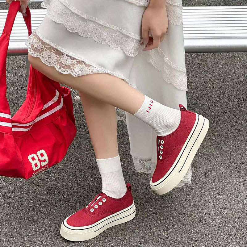 2025 New Spring Summer Thick Sole Elastic Slip-On Canvas for Women Breathable Casual Height Increasing White Sneakers Board Shoes