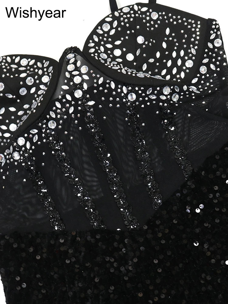 Women Sexy Mesh Velvet Diamonds Sequin Patchwork Long Dress Sleeveless Spaghetti Strap Bodycon Birthday Party Evening Robe 250815