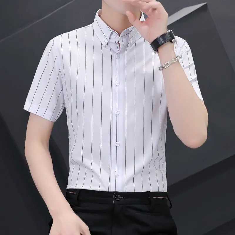 Fashion Lapel Button Korean Striped Short Sleeve Shirts Mens Clothing 2025 Summer New Loose All-match Tops Casual Shirts Y250819