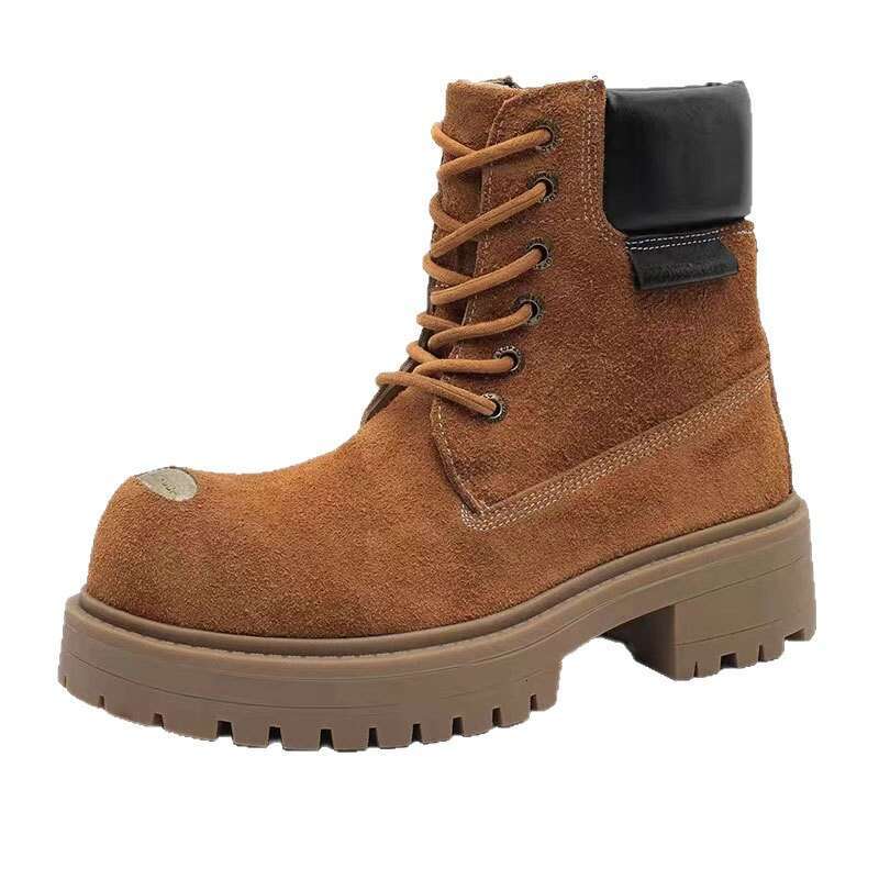 British Style Chunky Mid-Cut Martin Outdoor Casual Leather Shoes Unisex Work Boots Couple Thick Sole Height Increasing