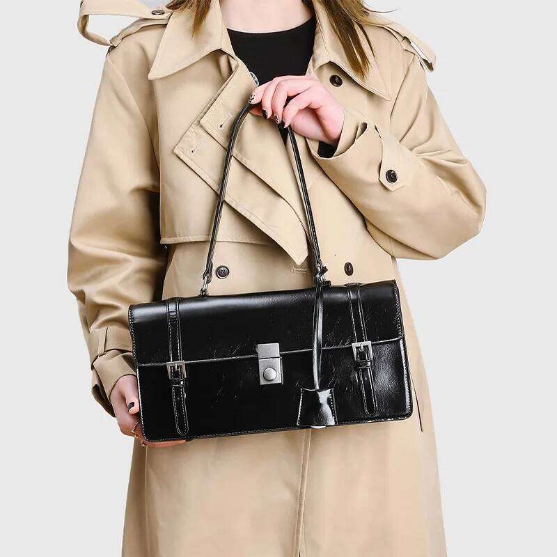 New Designer Women S Oil Waxed Leather Postman Handbag Accordion Flip Motorcycle Shoulder Retro Armpit Bag
