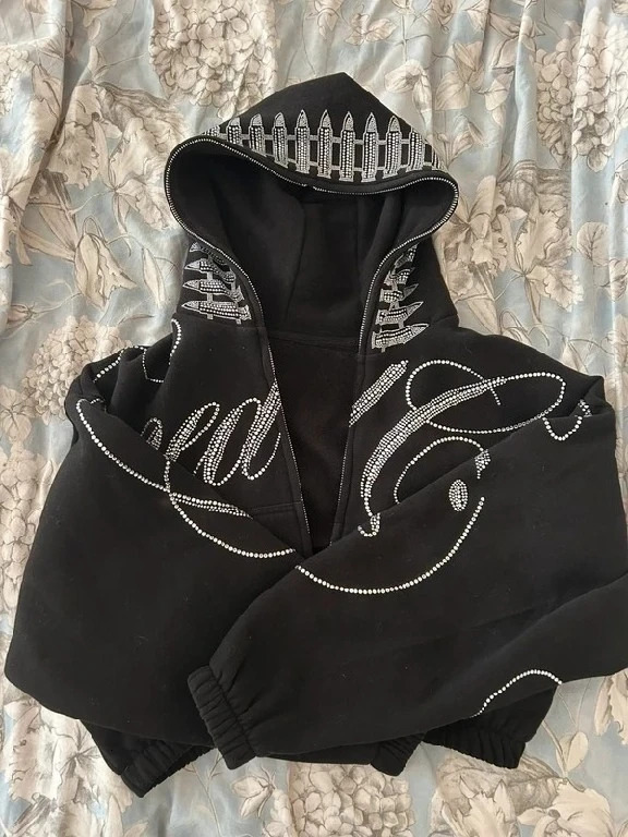 American Retro Cropped Hoodie Y2K Womens Hip Hop Letters Rhinestone Sequins Oversized Zipper Hoodie Sweatshirt Casual Jacket 250820