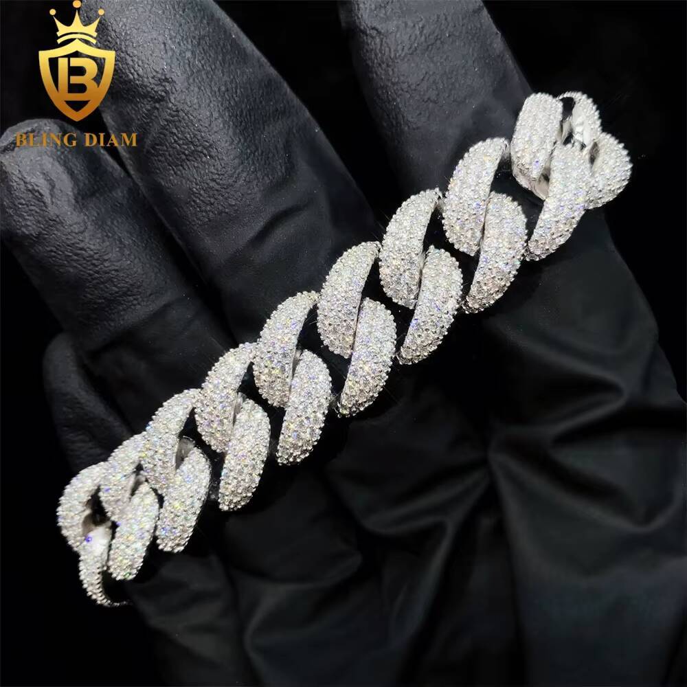 3 Row Iced Out Hip Hop 15mm Cuban Link Chain Bracelet Necklace 925 Sterling Silver VVS Moissanite Pass Diamond Tester