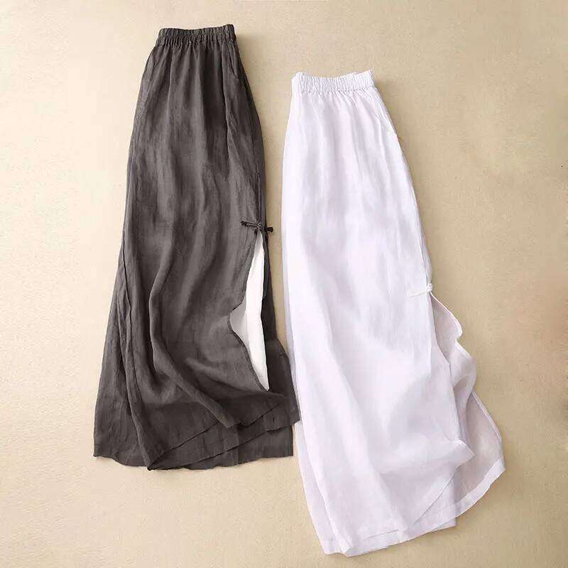 Gray Cotton Linen Casual Elastic High Waist With Lining Women's Wide Leg Ankle-Length Pants For Women Clothing Fashion