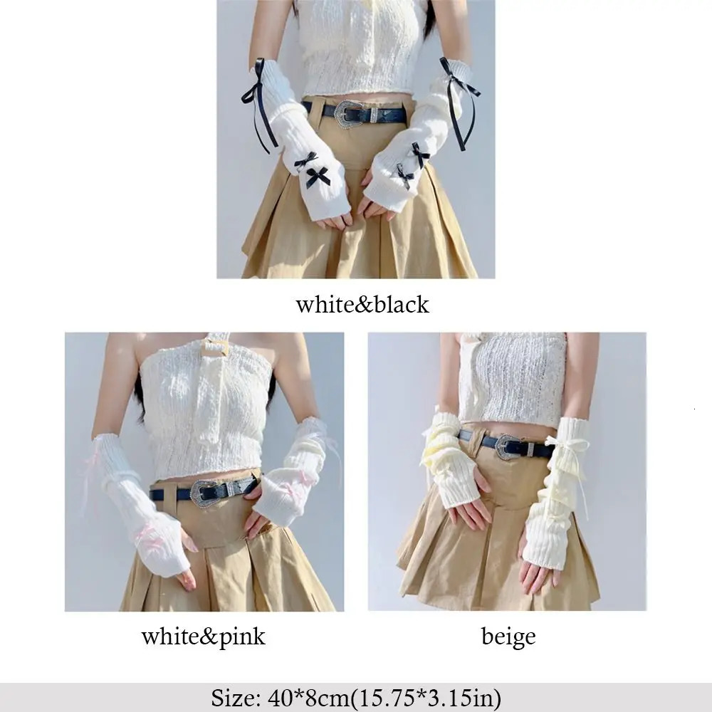 Female Y2K Fashion Arm Warmers Bowknot Soft Knitted Glove Girl Half Finger Mittens Solid Color Thicken Sleeves 250811