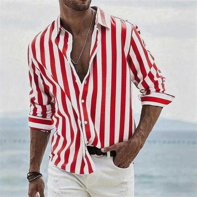 2025 new mens long-sleeved blue striped 3D printed shirt high-quality social mens wear fashionable Hawaiian shirt Y250819
