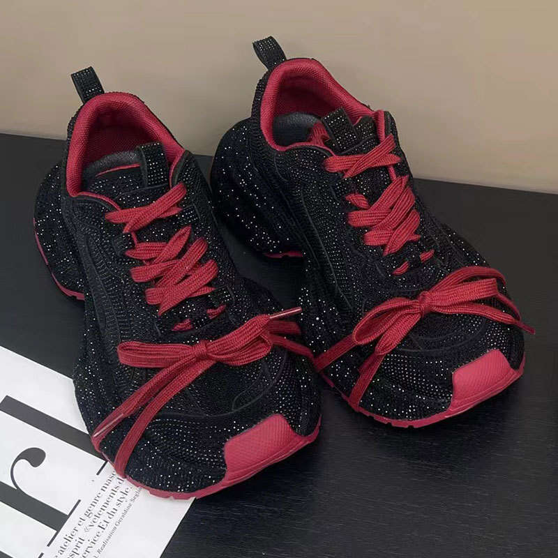 Women's Dad Sneakers Ins Super Popular Full Diamond Lace-up Casual Angora Red Niche Design Stylish Rhinestone Single Shoes