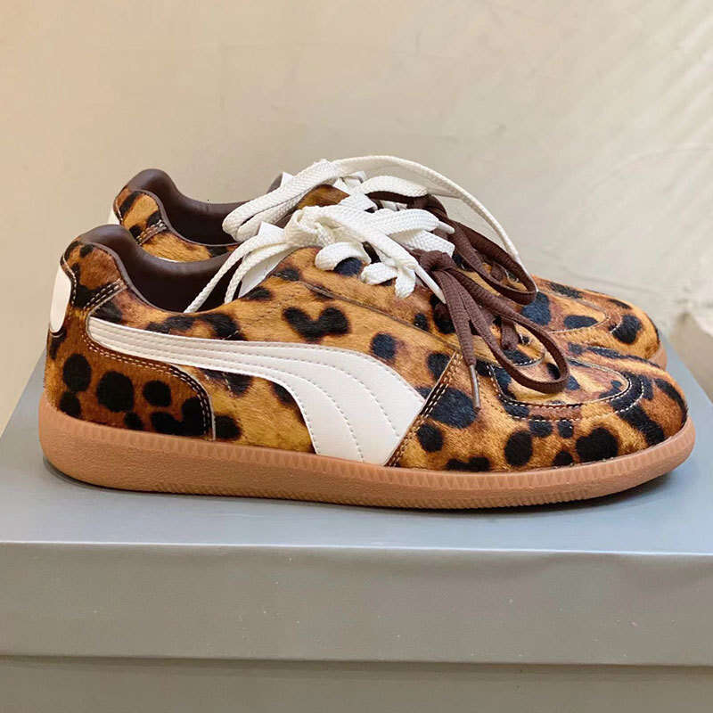2024 Autumn New Leopard Print Horsehair Double Lace Niche German Training Women Fashion Versatile Casual Shoes Sneakers Trend