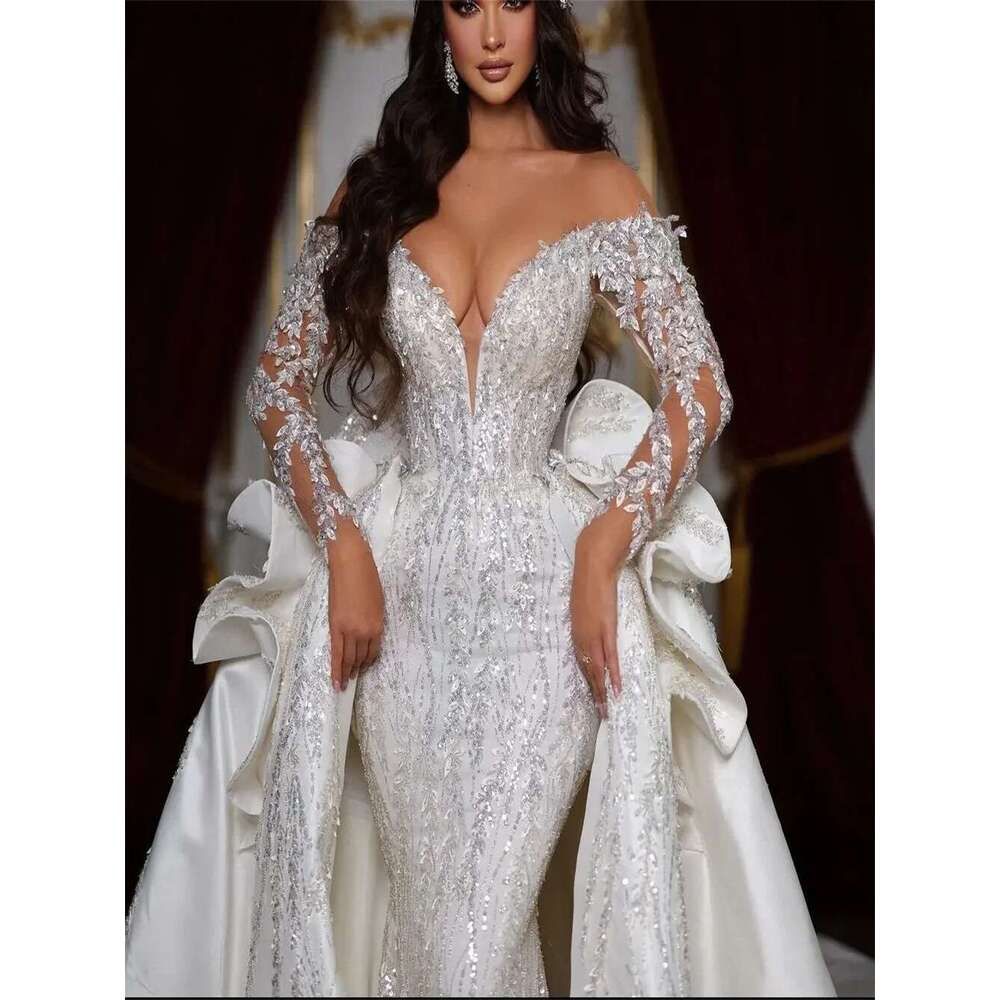 Gorgeous Lace Mermaid Wedding Dresses With Detachable Train Sexy Deep V Neck Beaded Crystals Ruffles Dubai Arabic Luxury Bridal Gowns Bc19164 B0313