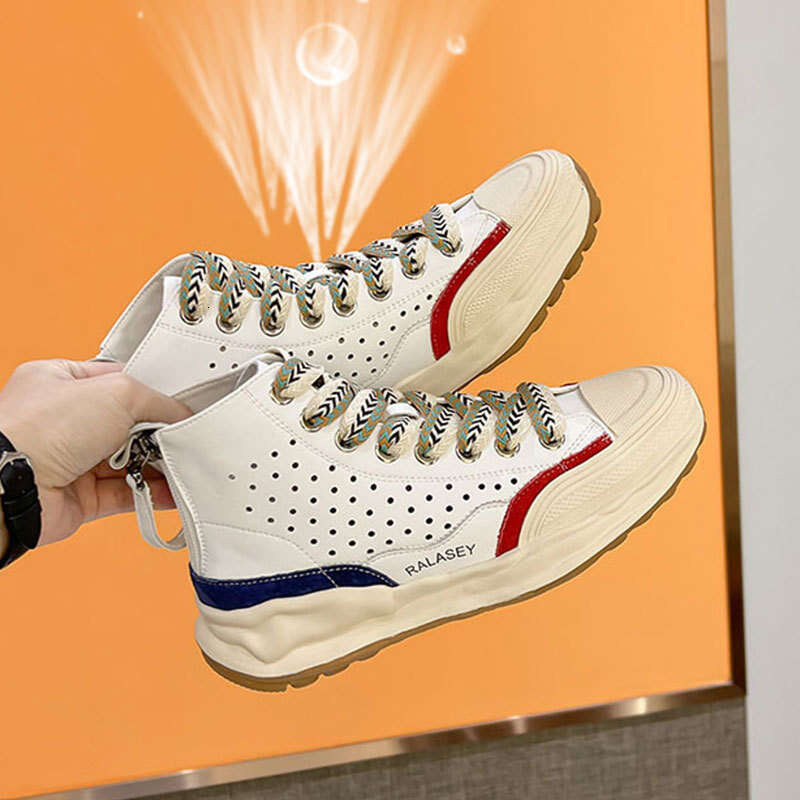 2025 New Genuine Leather High-Top for Women Summer Fashion Hole Ins Versatile Breathable Casual Women's Shoes