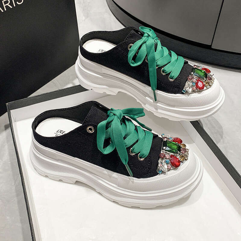 2023 New Women's Closed-Toe Half Slippers Versatile Fashion Thick-Soled White Korean Style Breathable Casual Canvas Shoes