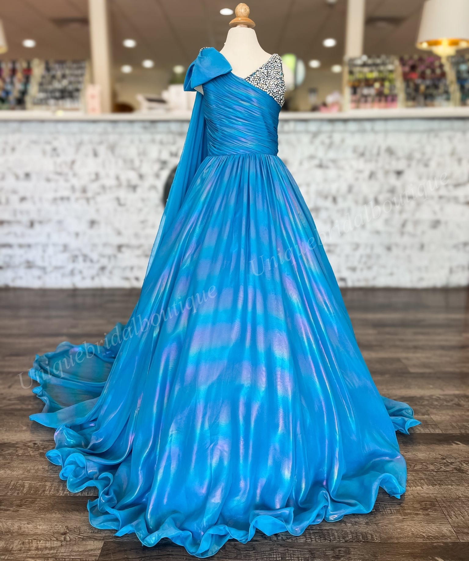 Turquoise Girl Mini Pageant Queen Dress Beaded Bow Iridescent Chiffon Long Little Kid Birthday Portrait Cocktail Party Gown Teen Miss On-Stage Appeara