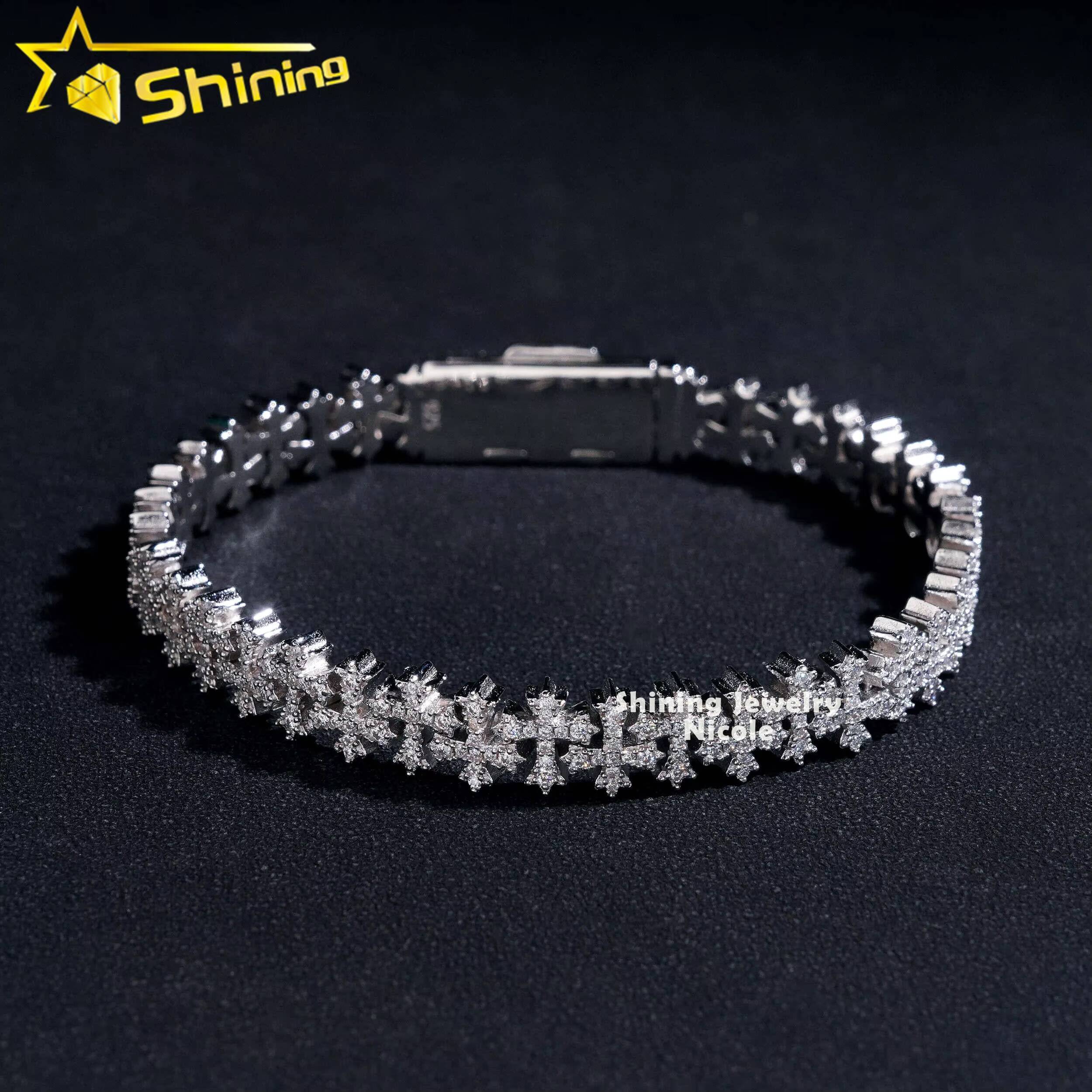Wholesale Price 925 Sterling Silver GRA Certificate 8MM Cross Moissanite Diamond Cuban Link Chain Bracelet
