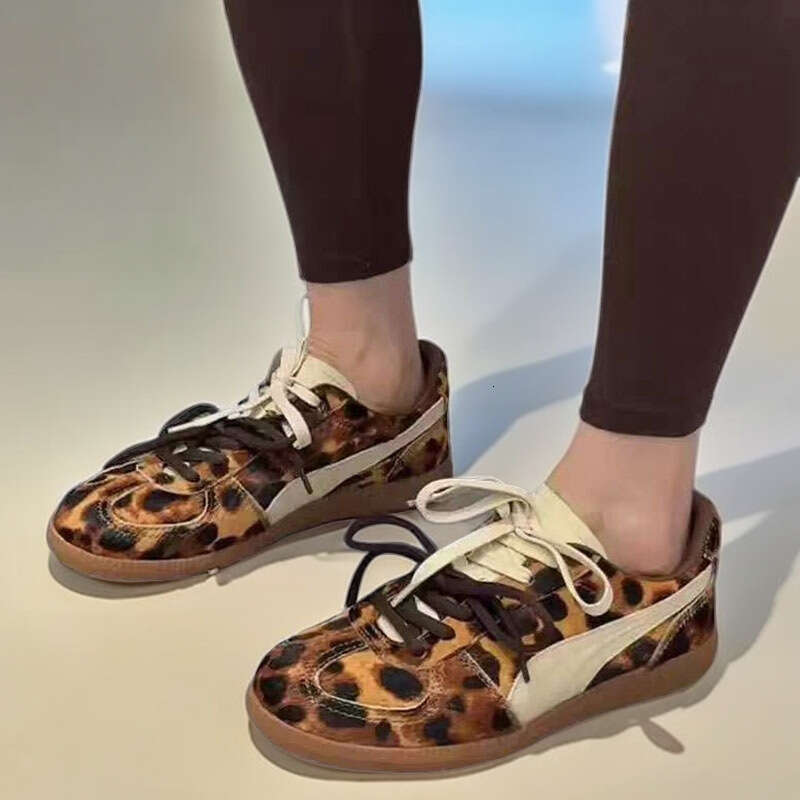2024 Autumn New Leopard Print Horsehair Double Lace Niche German Training Women Fashion Versatile Casual Shoes Sneakers Trend