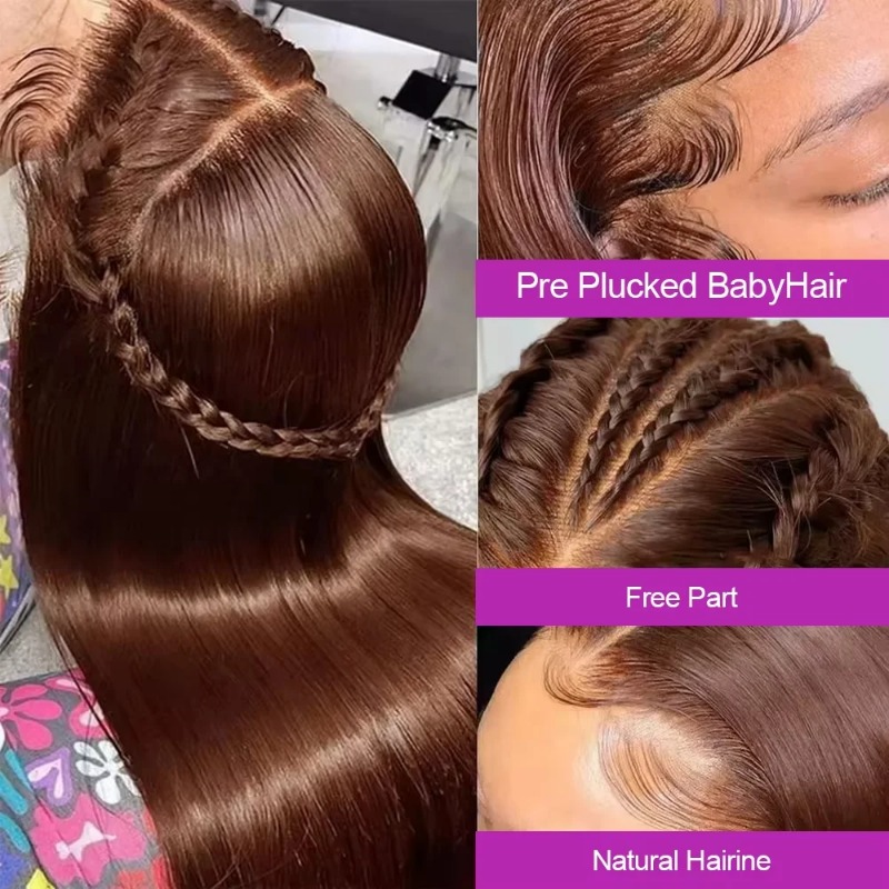 Chocolate Brown Colored Gluelesss 13x4 HD Lace Front Human Hair Wigs High Density Hd Transparent Lace Raw Indian Straight Human Hair Frontal Wigs