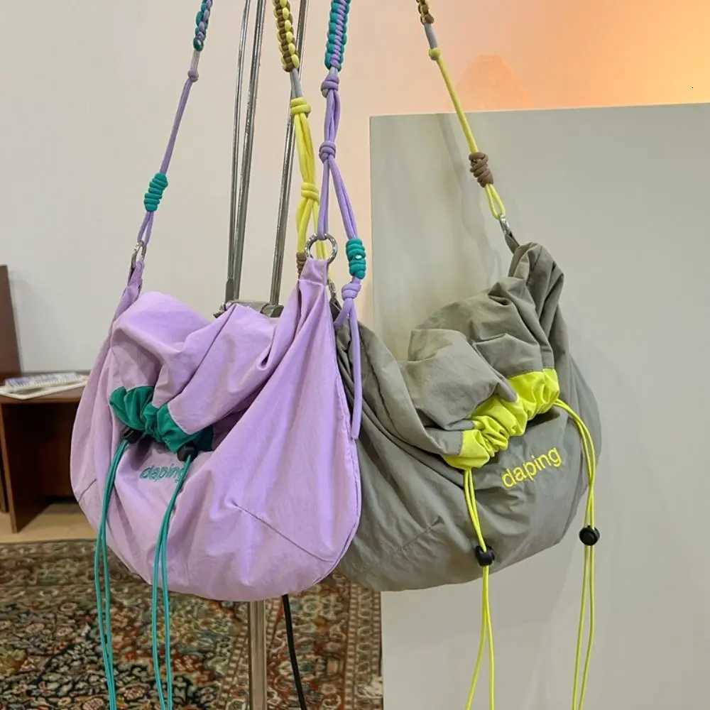 Leisure Lightweight Shoulder Bag Letter Contrast Color Crossbody Bag Large Capacity Nylon Drawstring Bag Y250819