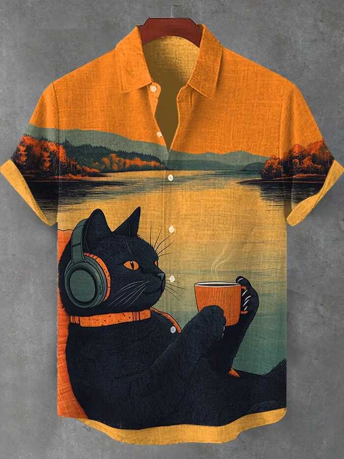 Summer Mens Retro Cartoon Anime Cat Theme Short Sleeve Shirts Short Sleeve Tops Fashion Casual Vacation Streetwear Mens Shirts Y250819