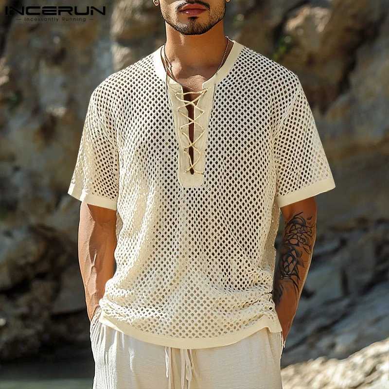 Mesh Men T-Shirts Fashion Hollow Out Tops Short SLeeve Top Tee Solid Color Lace-up Mens Clothing Streetwear Oversize Y250819