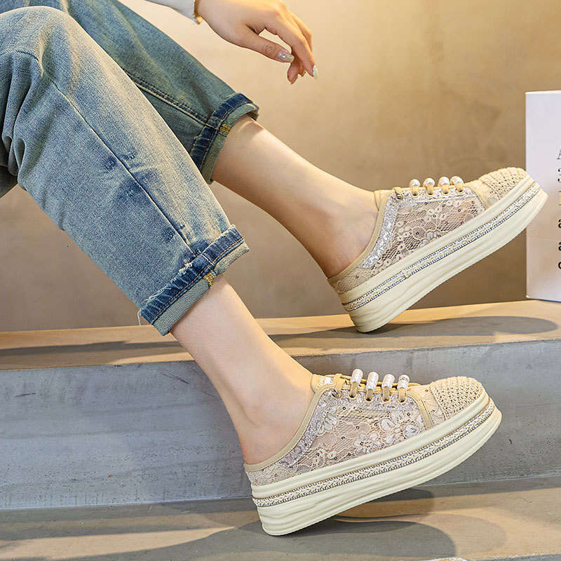 2025 Summer New Rhinestone Thick-Soled Lace Mesh Closed-Toe Half Slippers for Women Slip-On Breathable Fisherman Shoes