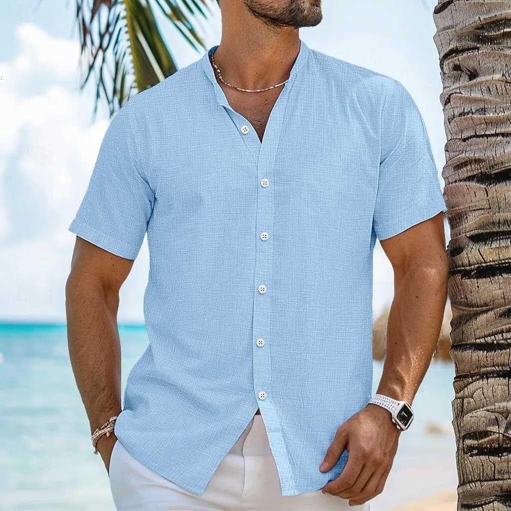 Mens shirt linen stand collar shirt beachwear solid color vacation short sleeve shirt summer clothing fast delivery Y250819