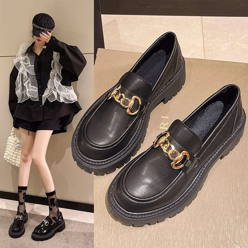 35-42 Large Size Fashion Chunky Heel Metal Designer Buckle Women's Loafers Solid Color British Style Round Toe Single Shoes