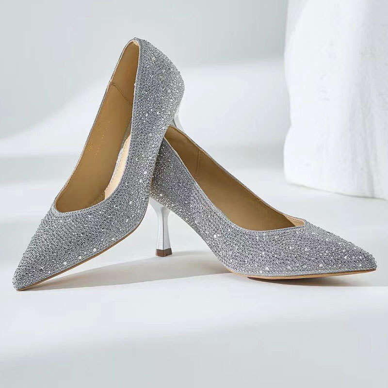Full Diamond Elegant Pointed Toe Fashion Gold Rhinestone Stiletto Single Women Slip-On High Heels Ladies Wedding Shoes
