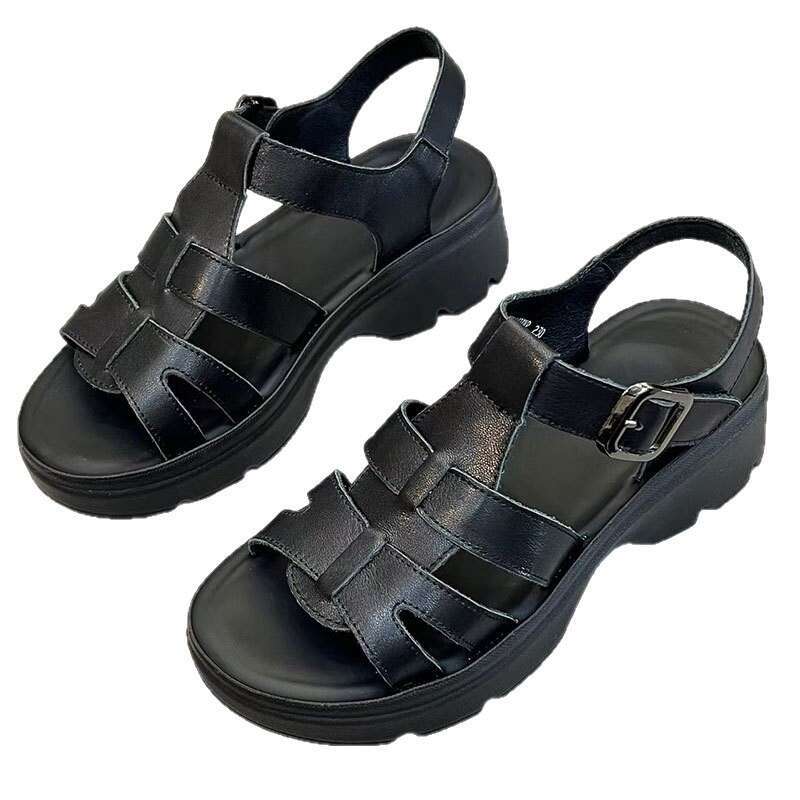 2025 New Roman Summer Outdoor Casual Height-Increasing Leather Sandals Woven Non-Slip Travel Beach Shoes for Women