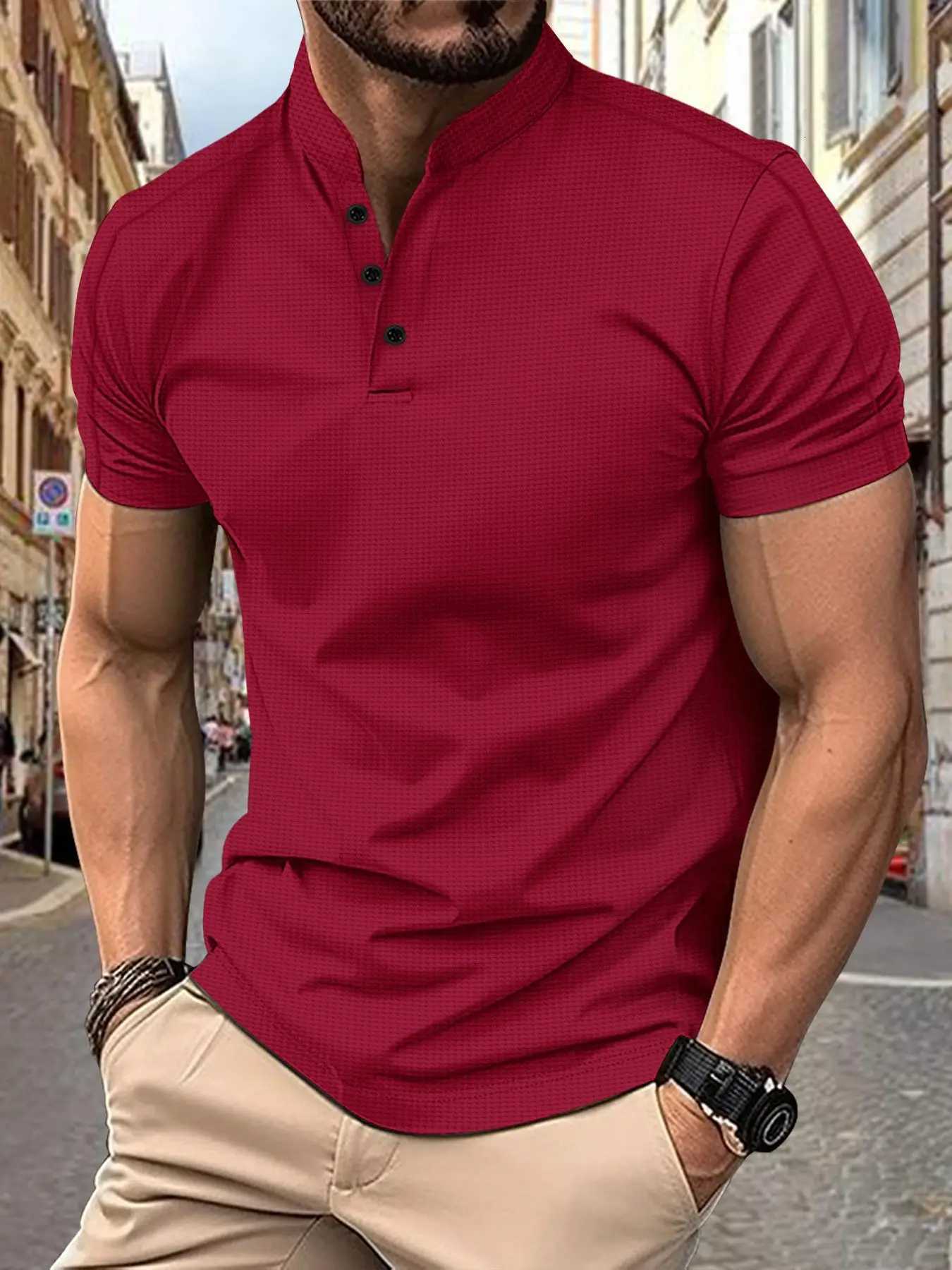 Mens Short SLeeve Casual Shirt 2025 Waffle Henry Collar Regular Fit Summer Grid Pattern Chinese Origin Y250819