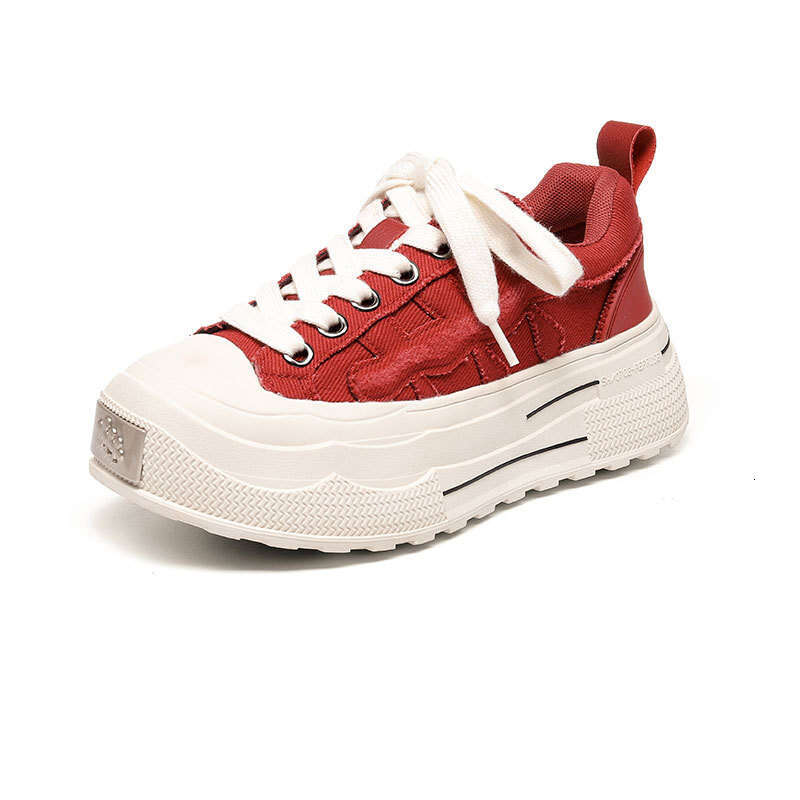 2024 New Autumn Winter Red Thick-Soled Height-Increasing Versatile Sneakers Ins Niche Open-Toe Smiley Face Big-Head Canvas Shoes